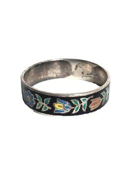 Siam Black Enamel Flower Cloisonne Sterling Silver Vintage NOS Ring Band Sz 9